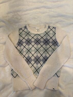 abercrombie kids Cream Crewneck Sweater with Blue Argyle